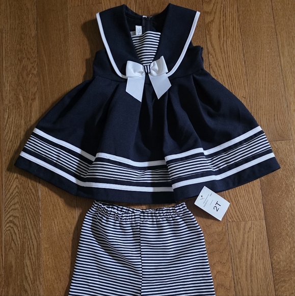 NWT {Bonnie Jean} Sleeveless Nautical Poplin Collar to Box Pleat Dress & Shorts - Picture 3 of 7